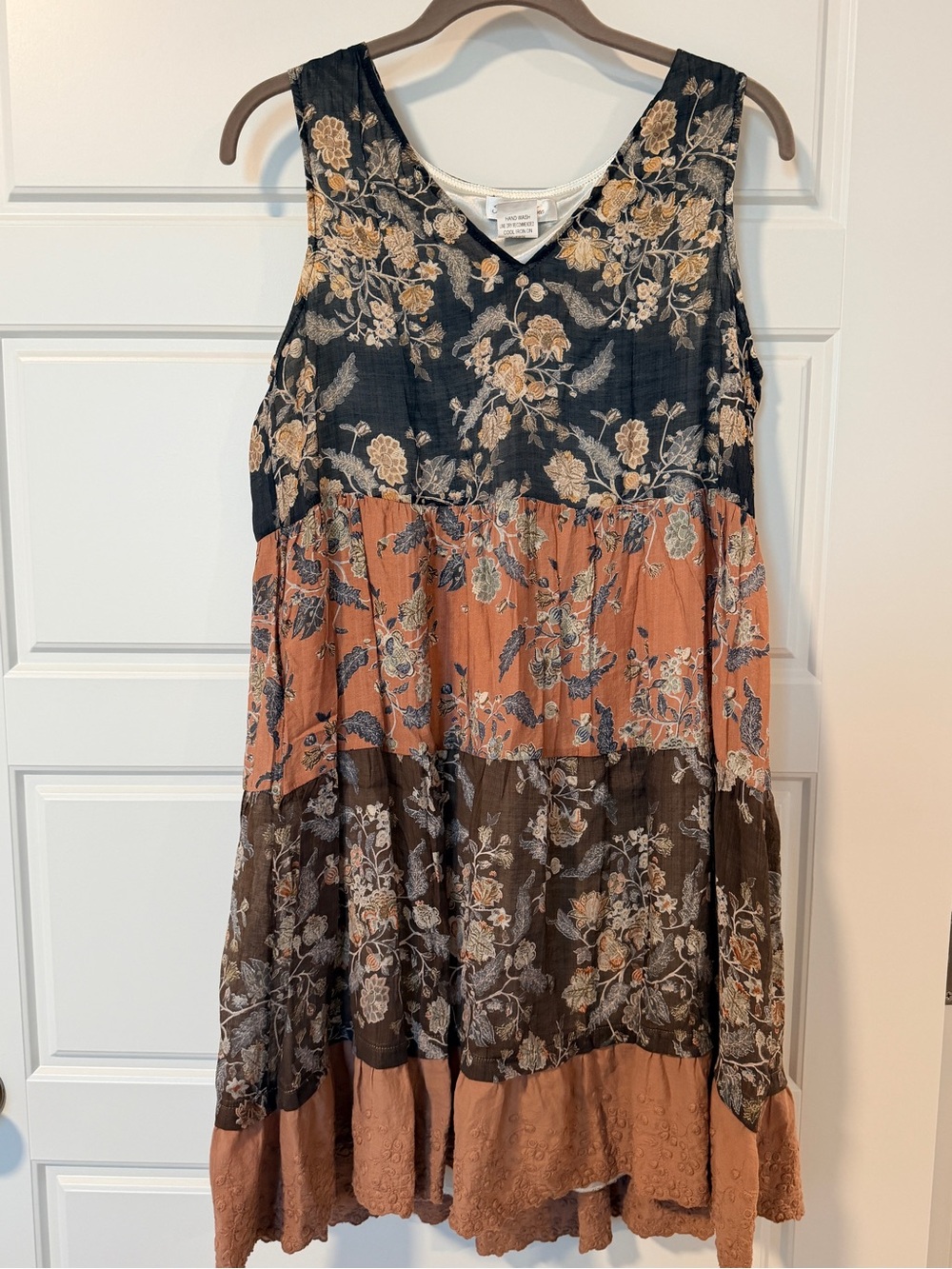 Paisley Vine Floral Tiered Midi Dress Black Rust Brown V Neck